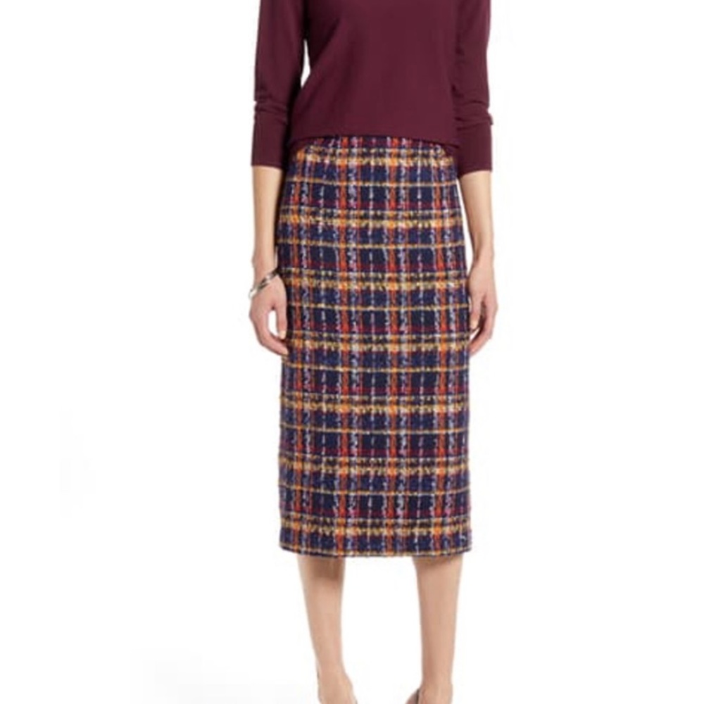 Halogen Tweed Navy Plaid MIDI Pencil Skirt Size 6